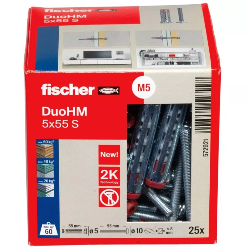 fischer DuoHM 5x55 S PH PZ Bucha para parede oca 55 mm, 25 unidades 572921