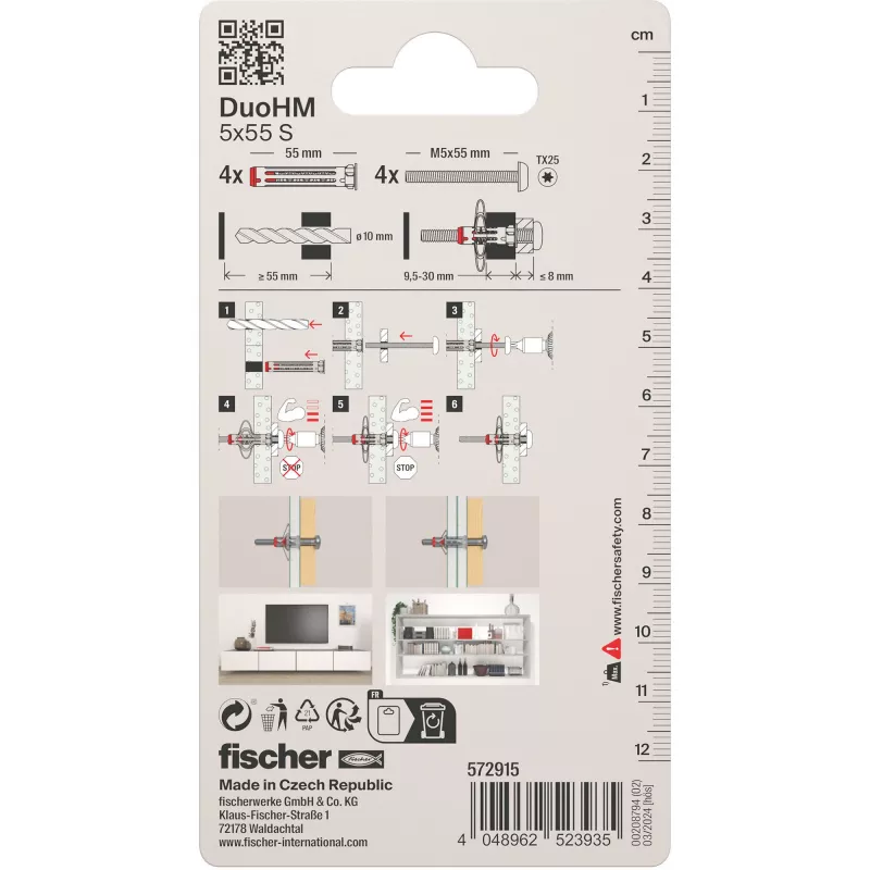 Conjunto de buchas para parede oca Fischer DuoHM 5x55 S PH TX, 4 unid. 572915