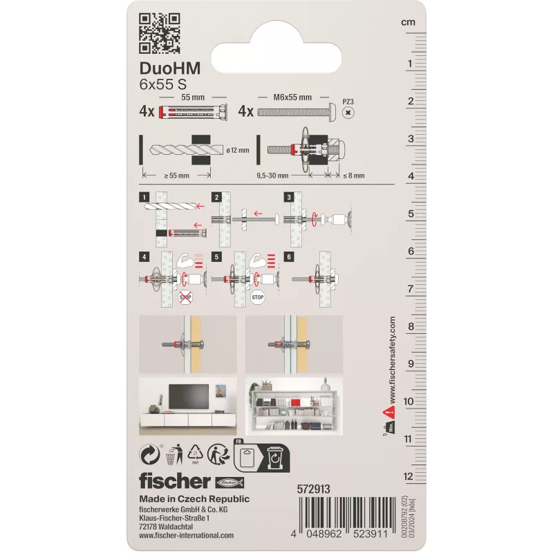 Bucha para parede oca Fischer DuoHM 6x55 S com parafusos, 4 unid. 572913