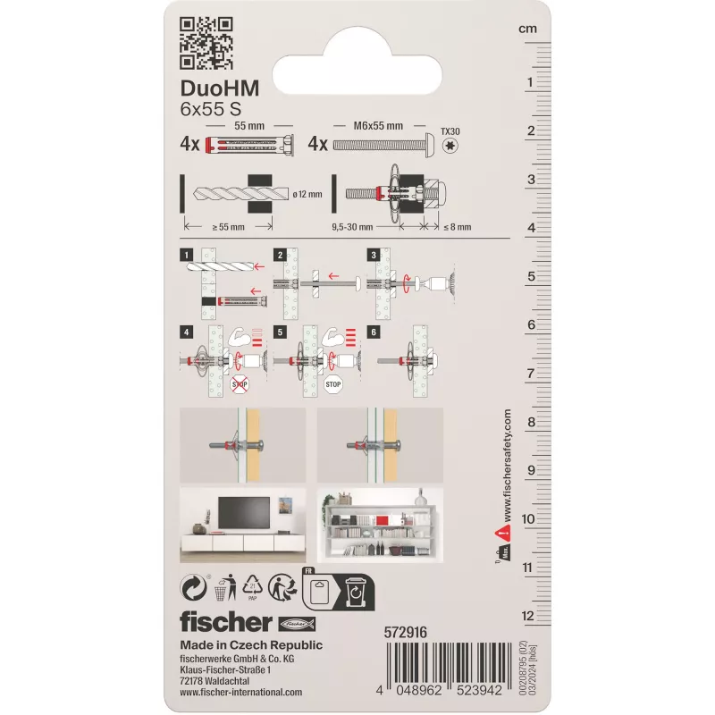 Bucha de parede oca Fischer DuoHM 6x55 S PH TX 55 mm 4 unid. 572916