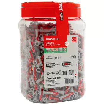 fischer DUOPOWER 6x30 bucha universal BigBox, cinzento-claro/vermelho, 950 unid., caixa reutilizável 570548
