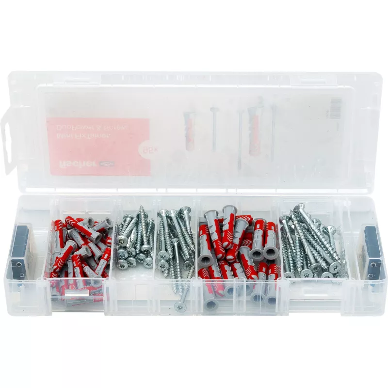 fischer Mini FixTainer - conjunto de buchas e parafusos DuoPower Ø 4,5/5/6/8 mm 30/40/50/60 (560097)