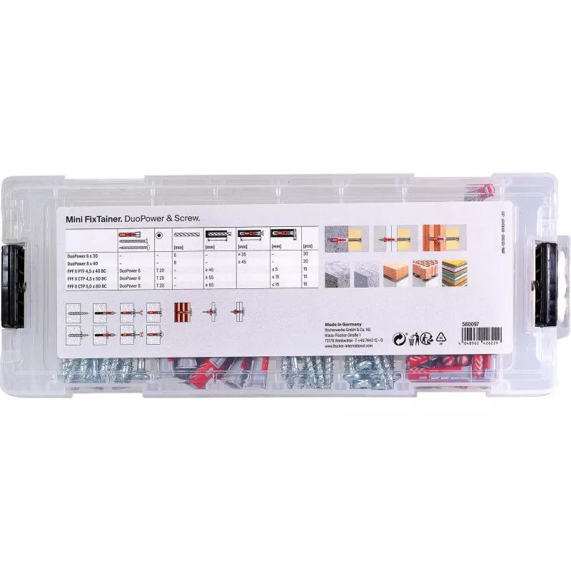 fischer Mini FixTainer - conjunto de buchas e parafusos DuoPower Ø 4,5/5/6/8 mm 30/40/50/60 (560097)