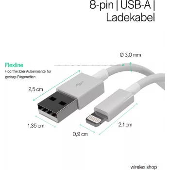 Cabo de carregamento e sincronização Flexline USB, USB-A para 8 pinos (Lightning), 2.0, ABS, branco, 5,0 m (FL31-12048)