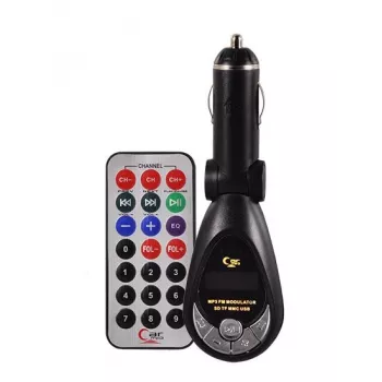 FM-Transmitter CMP05 com controlo remoto, entrada USB, MicroUSB, entrada para cartões SD/TF, 87,5-108 MHz, 12V/24V, preto