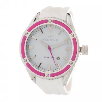 Relógio FOLLI FOLLIE para mulher WF0T027ZDP 45mm aço inoxidável quartzo mostrador branco pele preta