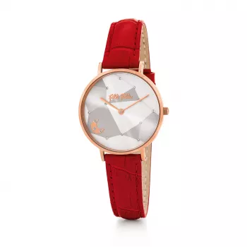 Relógio de mulher FOLLI FOLLIE quartzo analógico WF19R016SSWRE 32mm caixa de aço inoxidável mostrador branco bracelete de pele vermelha