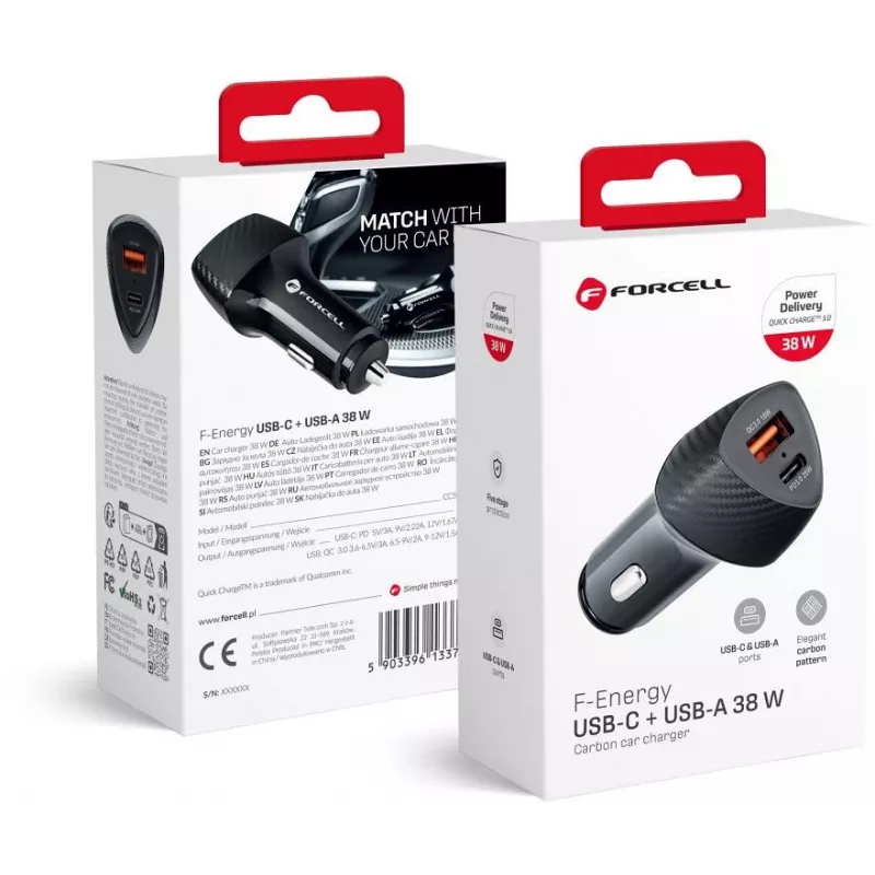Carregador de automóvel Forcell Carbon CC50-1A1C 38W USB-C PD 3.0 + USB-A QC 3.0 preto