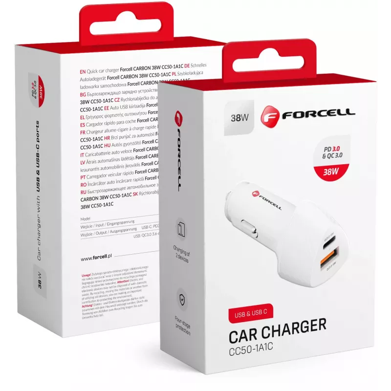 Forcell Carbon CC50-1A1C 38W USB-C PD + USB-A QC 3.0 Carregador de automóvel - branco