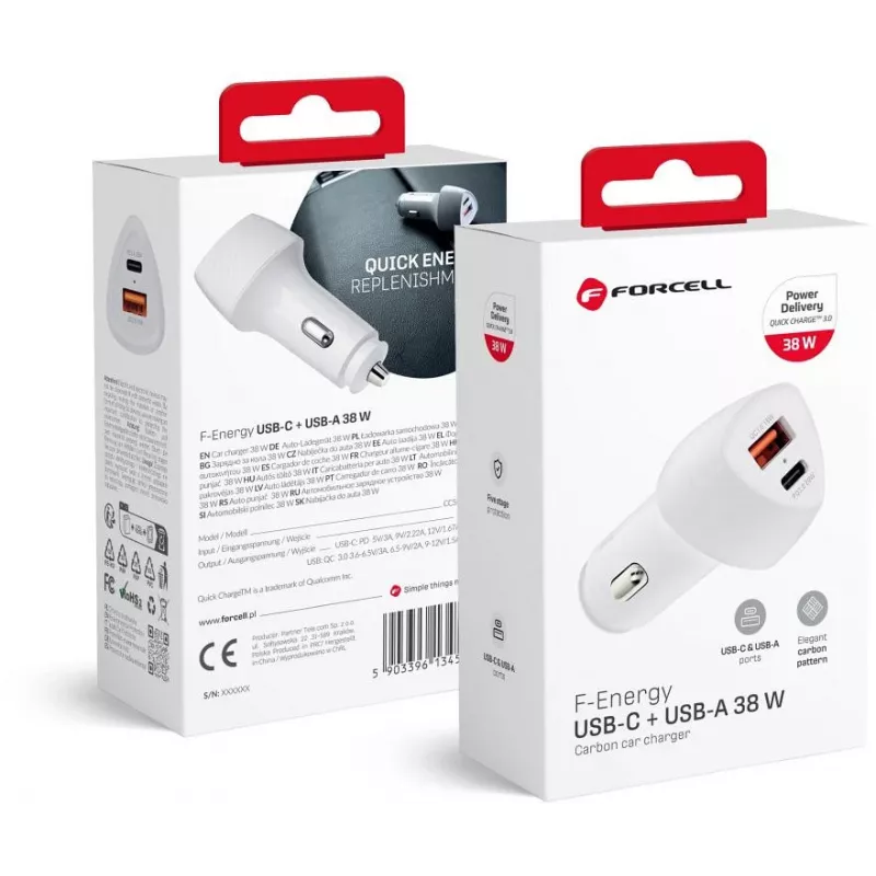Forcell Carbon CC50-1A1C 38W USB-C PD + USB-A QC 3.0 Carregador de automóvel - branco