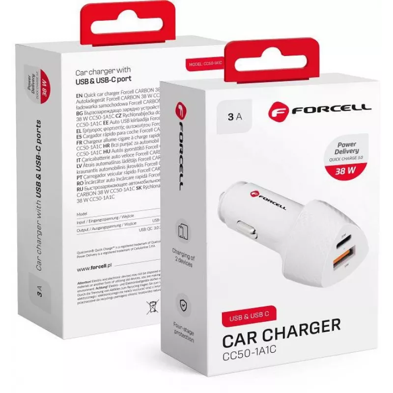 Forcell Carbon CC50-1A1C 38W USB-C PD + USB-A QC 3.0 Carregador de automóvel - branco