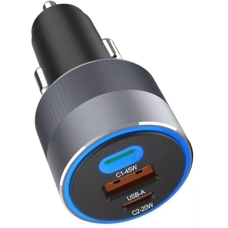 Forcell F-Energy 65 Carregador de Carro 65W, 2x USB-C (PD 3.0) & 1x USB-A (QC 4.0), Cinzento