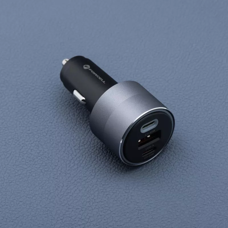 Forcell F-Energy 65 Carregador de Carro 65W, 2x USB-C (PD 3.0) & 1x USB-A (QC 4.0), Cinzento