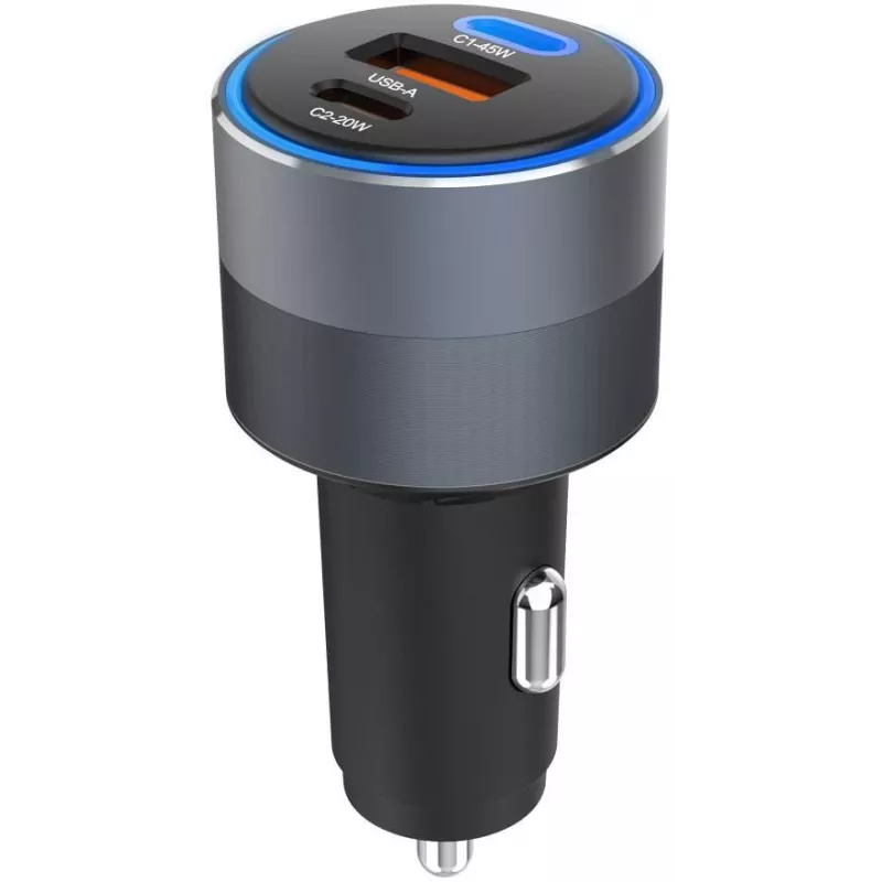 Forcell F-Energy 65 Carregador de Carro 65W, 2x USB-C (PD 3.0) & 1x USB-A (QC 4.0), Cinzento