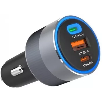 Forcell F-Energy 65 Carregador de Carro 65W, 2x USB-C (PD 3.0) & 1x USB-A (QC 4.0), Cinzento
