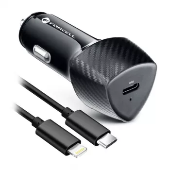 Carregador de carro Forcell F-Energy Carbon USB-C QC3.0 PD 20W com cabo USB-C para Lightning CC50-1C preto