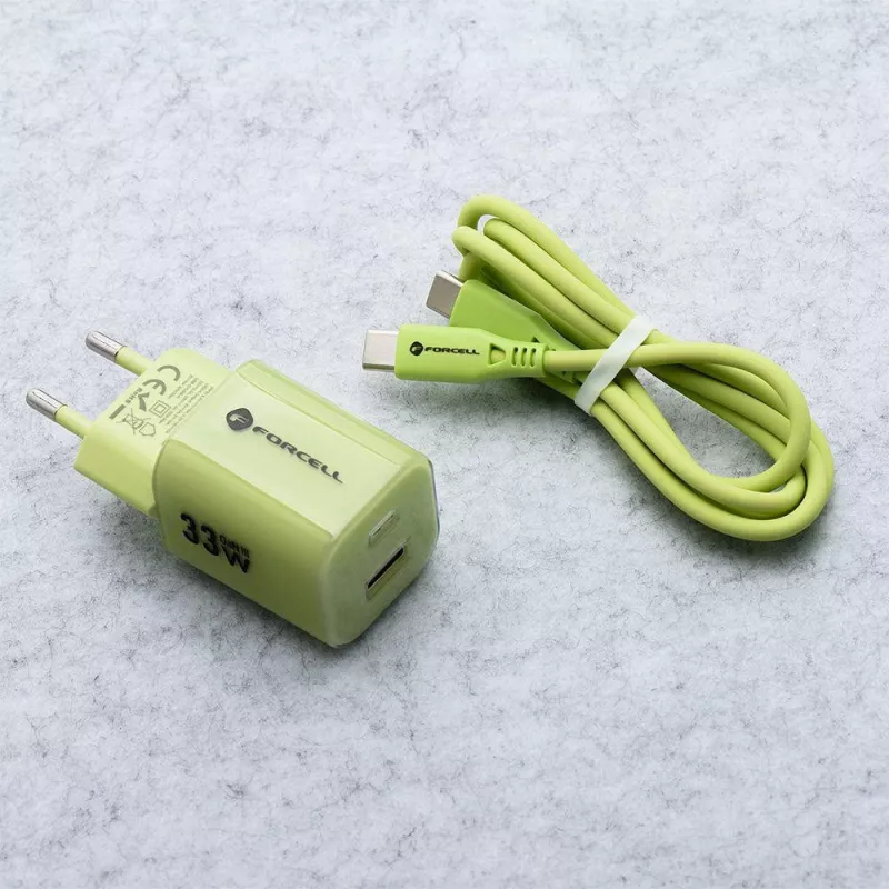 Forcell F-Energy GaN III VT-41 Carregador de Parede GaN 33 W, 1x USB-C PD 3.0/PPS & 1x USB-A QC 4.0, Verde