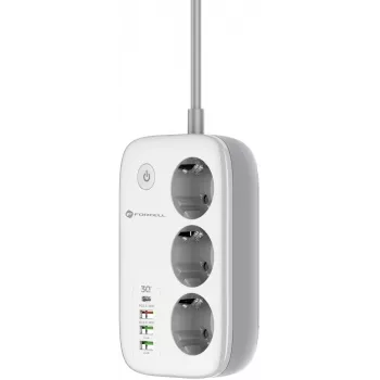 Régua de tomadas inteligente Forcell F-Energy VT-PS03, 3x tomadas Schuko, USB-C PD 30W, 3x USB-A QC 3.0, Wi-Fi, controlo por app Tuya, 2500W/10A