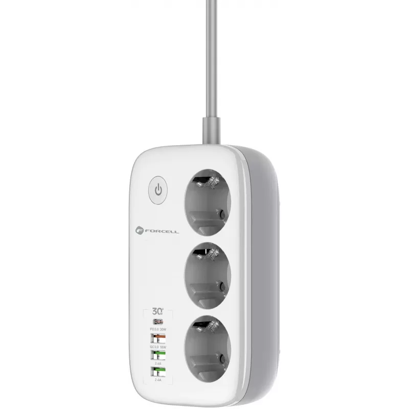 Régua de tomadas inteligente Forcell F-Energy VT-PS03, 3x tomadas Schuko, USB-C PD 30W, 3x USB-A QC 3.0, Wi-Fi, controlo por app Tuya, 2500W/10A