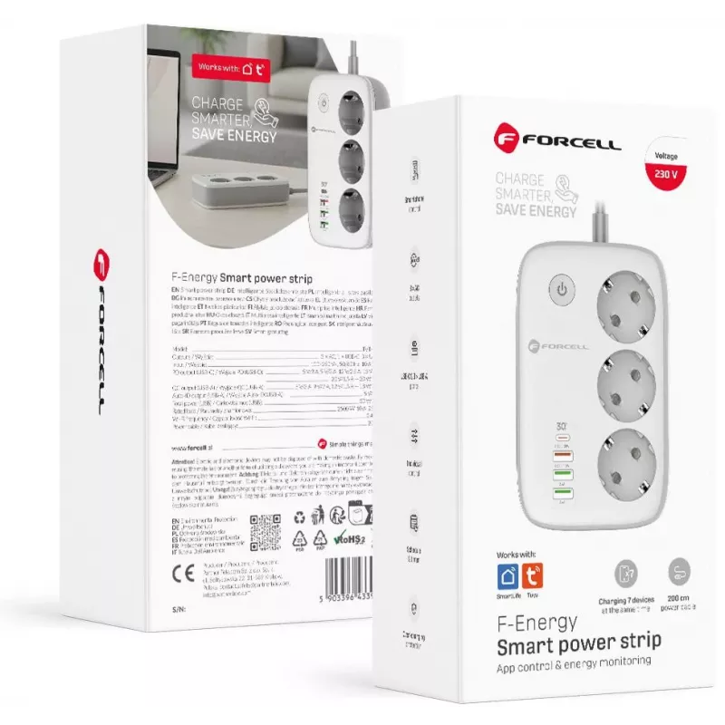 Régua de tomadas inteligente Forcell F-Energy VT-PS03, 3x tomadas Schuko, USB-C PD 30W, 3x USB-A QC 3.0, Wi-Fi, controlo por app Tuya, 2500W/10A