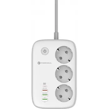 Régua de tomadas inteligente Forcell F-Energy VT-PS03, 3x tomadas Schuko, USB-C PD 30W, 3x USB-A QC 3.0, Wi-Fi, controlo por app Tuya, 2500W/10A