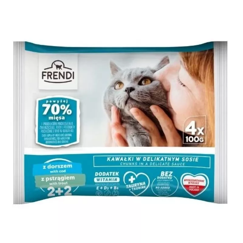 FRENDI Bacalhau e truta em molho Alimento húmido para gatos, 4 x 100g sacos