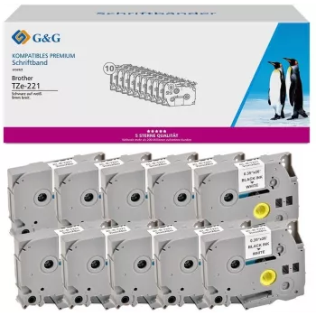 G&G 20101 fita de etiquetas compatível com Brother TZe-221, 9mm x 8m, preto sobre branco, laminada, pack de 10