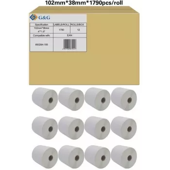 Rolos de etiquetas G&G compatíveis com Zebra 800264-155, branco, 102 x 38 mm, 12 x 1790 etiquetas (19802)