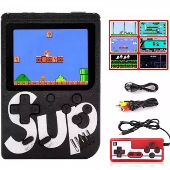 Consola de jogos retrô portátil GameBox R2 8-Bit com 400 jogos, LCD 3 polegadas, 1 comando, cabo TV-RCA, preto