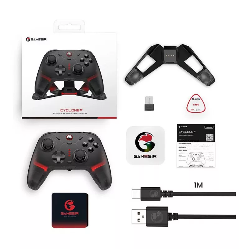 Comando de jogos sem fios GameSir Cyclone 2 Tri-Mode com sticks e gatilhos de efeito Hall, iluminação RGB, botões traseiros programáveis, giroscópio de 6 eixos, bateria de 20h - preto