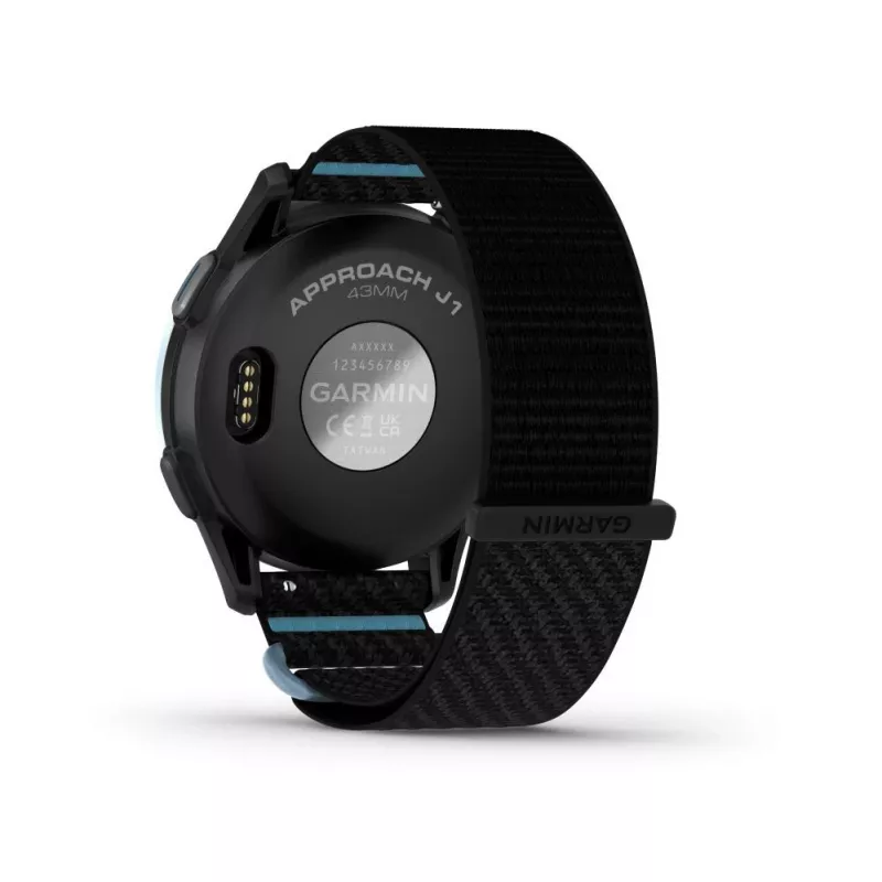 Garmin Approach J1 Cloud Blue bisel de alumínio com bracelete de tecido ComfortFit preto/azul-celeste