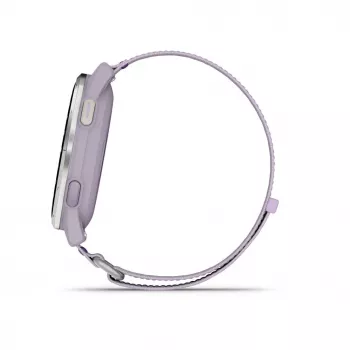 Garmin Approach J1 caixa em alumínio prateado com bracelete em tecido ComfortFit lilás