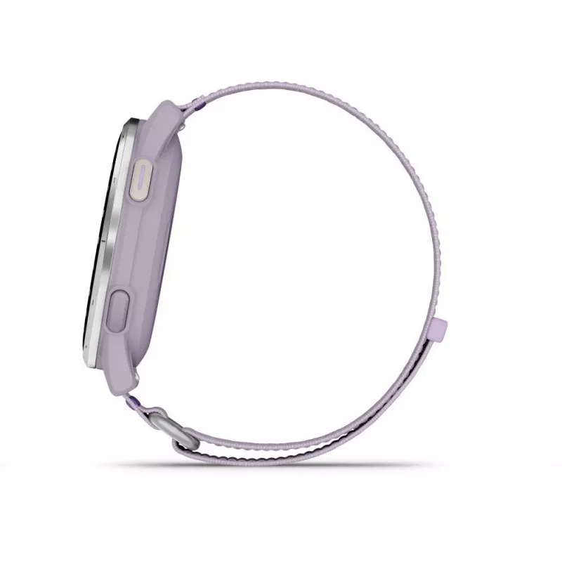 Garmin Approach J1 caixa em alumínio prateado com bracelete em tecido ComfortFit lilás
