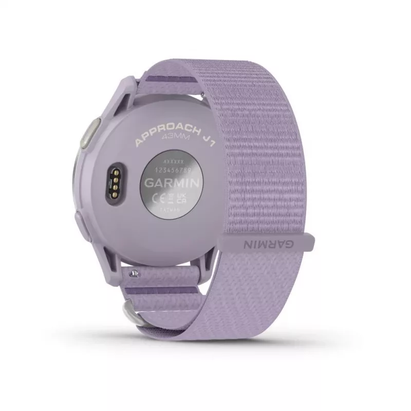 Garmin Approach J1 caixa em alumínio prateado com bracelete em tecido ComfortFit lilás