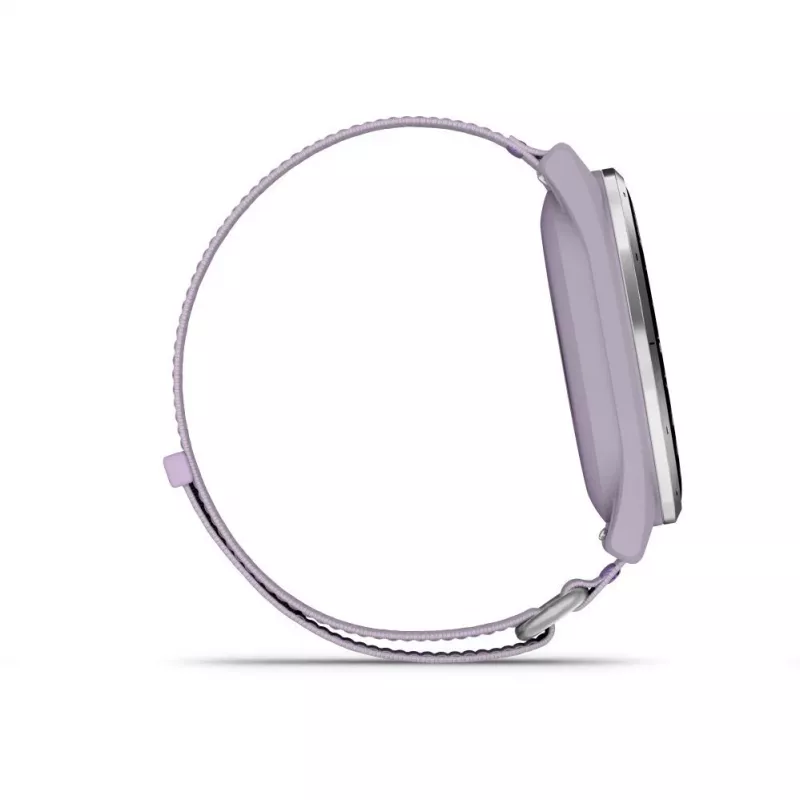 Garmin Approach J1 caixa em alumínio prateado com bracelete em tecido ComfortFit lilás