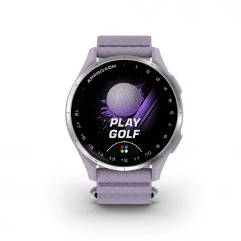 Garmin Approach J1 caixa em alumínio prateado com bracelete em tecido ComfortFit lilás