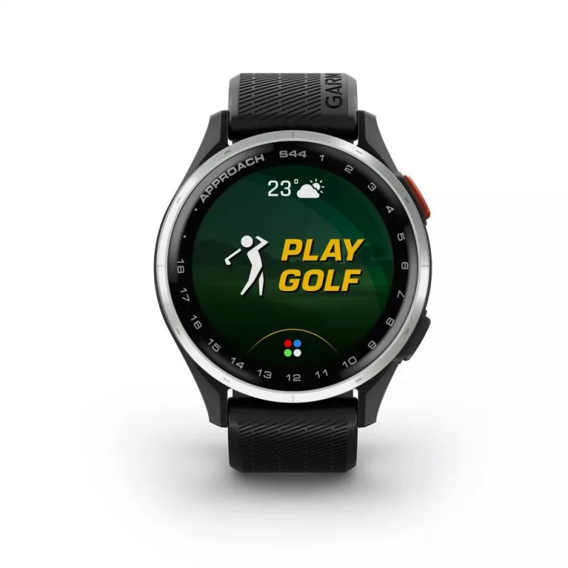 Garmin Approach S44 com luneta de alumínio prateada e pulseira de silicone preta