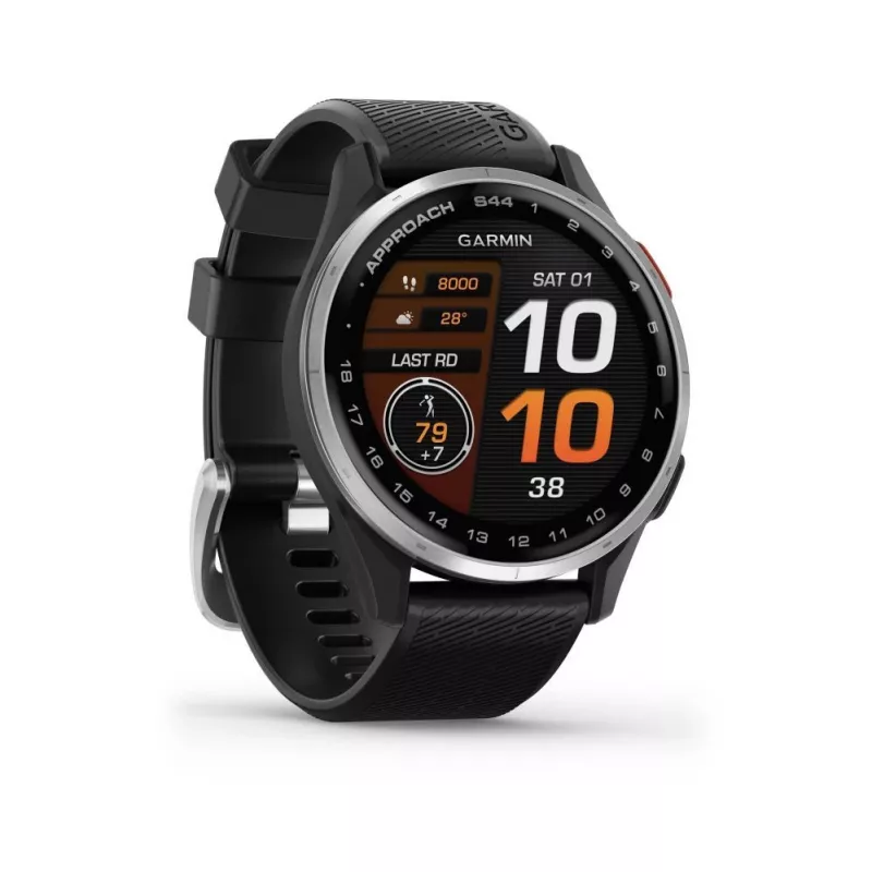 Garmin Approach S44 com luneta de alumínio prateada e pulseira de silicone preta