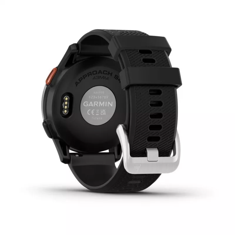 Garmin Approach S44 com luneta de alumínio prateada e pulseira de silicone preta