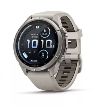 Garmin Fenix 9 Pro – inReach, 43mm Titânio com Bracelete de Silicone Fog Grey/Dark Sandstone