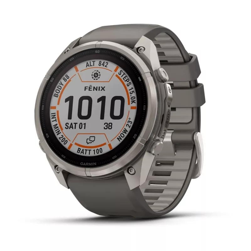 Garmin Fenix 9 Pro – inReach, Solar, 51mm titânio com bracelete de silicone cinzento seixo