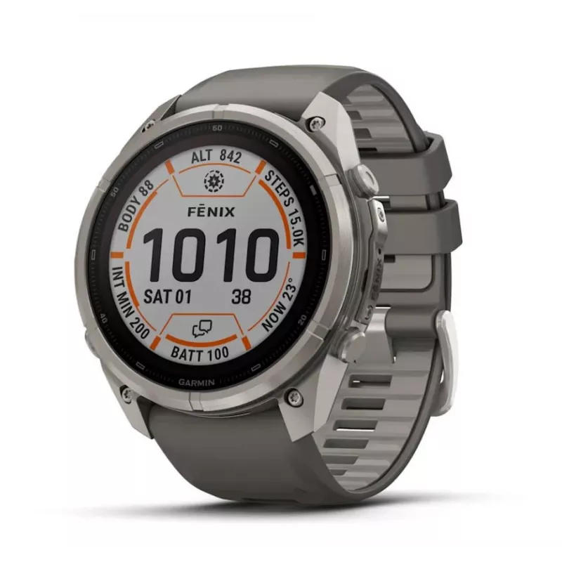 Garmin Fenix 9 Pro – inReach, Solar, 51mm titânio com bracelete de silicone cinzento seixo