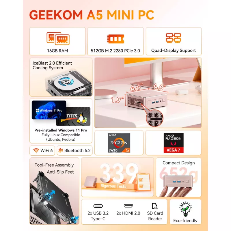 Mini PC GEEKOM A5, AMD Ryzen 5 7430U, 16GB DDR4, 512GB SSD, Windows 11 Pro, Champagne
