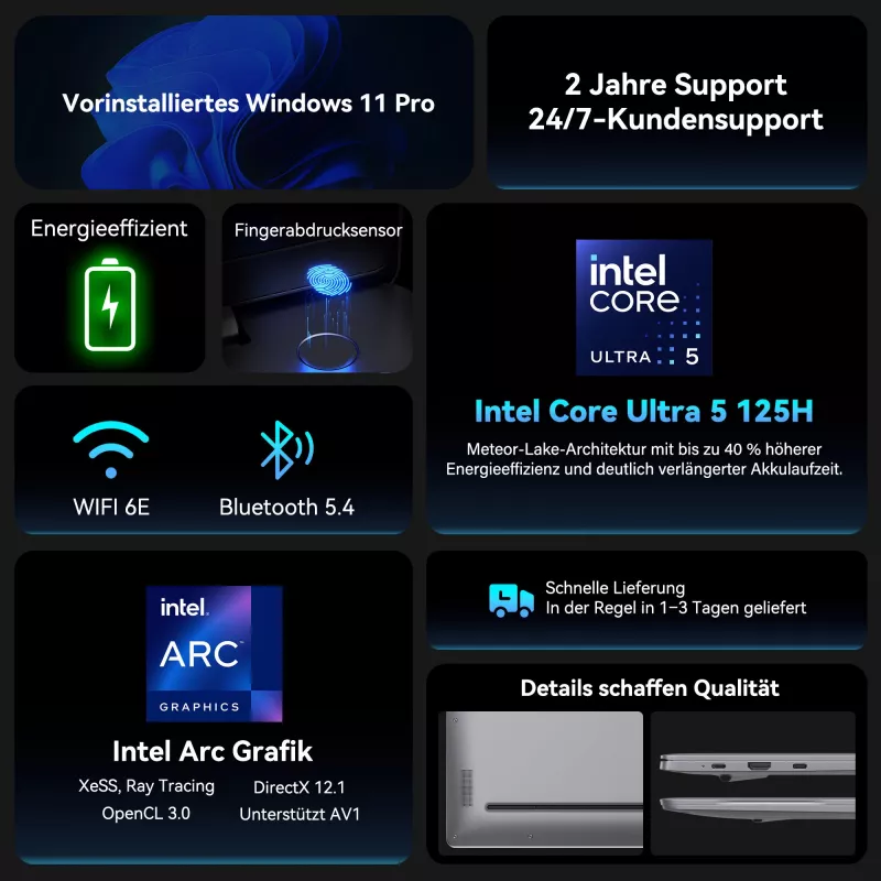 GEEKOM GEEKBOOK X16 PRO (prateado, Intel Core Ultra 5 125H, Intel Arc Graphics, 32 GB LPDDR5, 1 TB SSD, Windows 11 Pro)