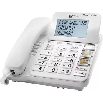 Geemarc CL595 Telefone com fios para seniores com atendedor de chamadas, alta-voz, indicador ótico de chamada, compatível com aparelhos auditivos, pendente de emergência, Branco