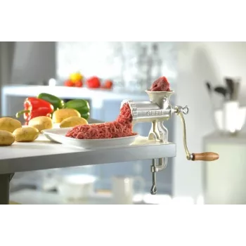 Picadora de carne GEFU TRICA 5 manual com fixação à mesa tamanho 5 com enchimento de salsichas e acessórios para biscoitos, ferro fundido estanhado, prateado