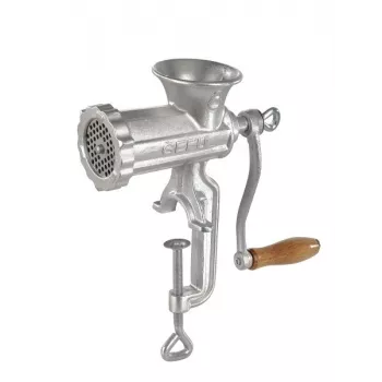 Picadora de carne GEFU TRICA 5 manual com fixação à mesa tamanho 5 com enchimento de salsichas e acessórios para biscoitos, ferro fundido estanhado, prateado