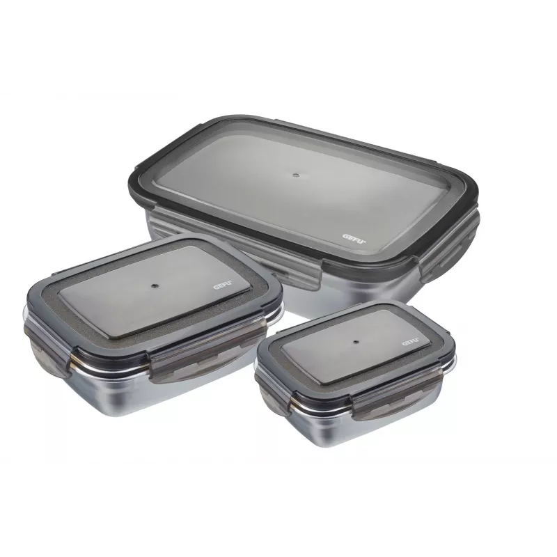 GEFU Preppo Conjunto de 3 recipientes para especiarias, aço inoxidável e vidro, 100 ml cada, herméticos, empilháveis, prateado/transparente