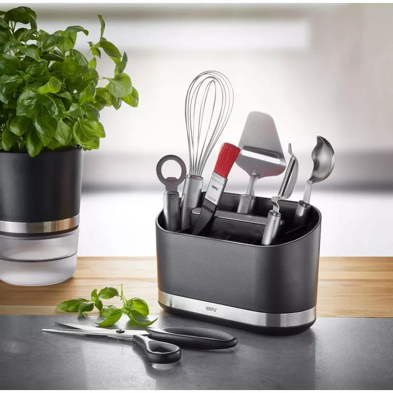 GEFU SMARTLINE Organizador de Mesa Suporte, Aço Inoxidável & Preto, Base Antiderrapante, Adequado para Máquina de Lavar Louça, 10 x 14 cm