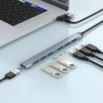 Gembird hub USB 3.2 Gen 2 de 7 portas - 6x USB-A 2.0 + 1x USB-A 3.2, prateado